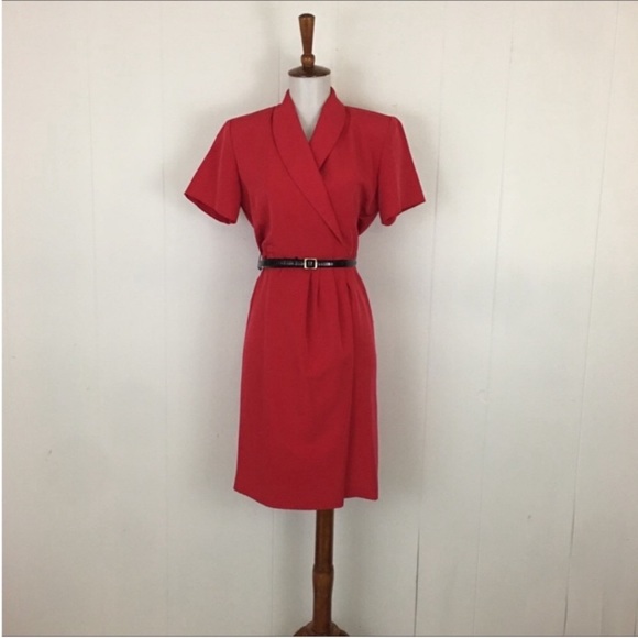 Vintage 80s 90s Short Sleeve Crossover V-Neck Faux Wrap Midi Dress - Picture 1 of 6
